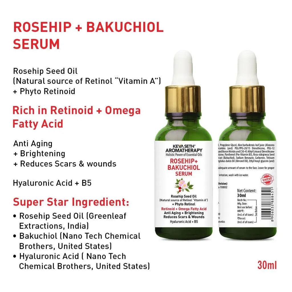 Rosehip + Bakuchiol Serum, Phyto Retinol + Omega Fatty Acids + Vitamin A, Anti-Ageing Wrinkles Fine Lines Brightening Scars, Hyaluronic Acid + B5