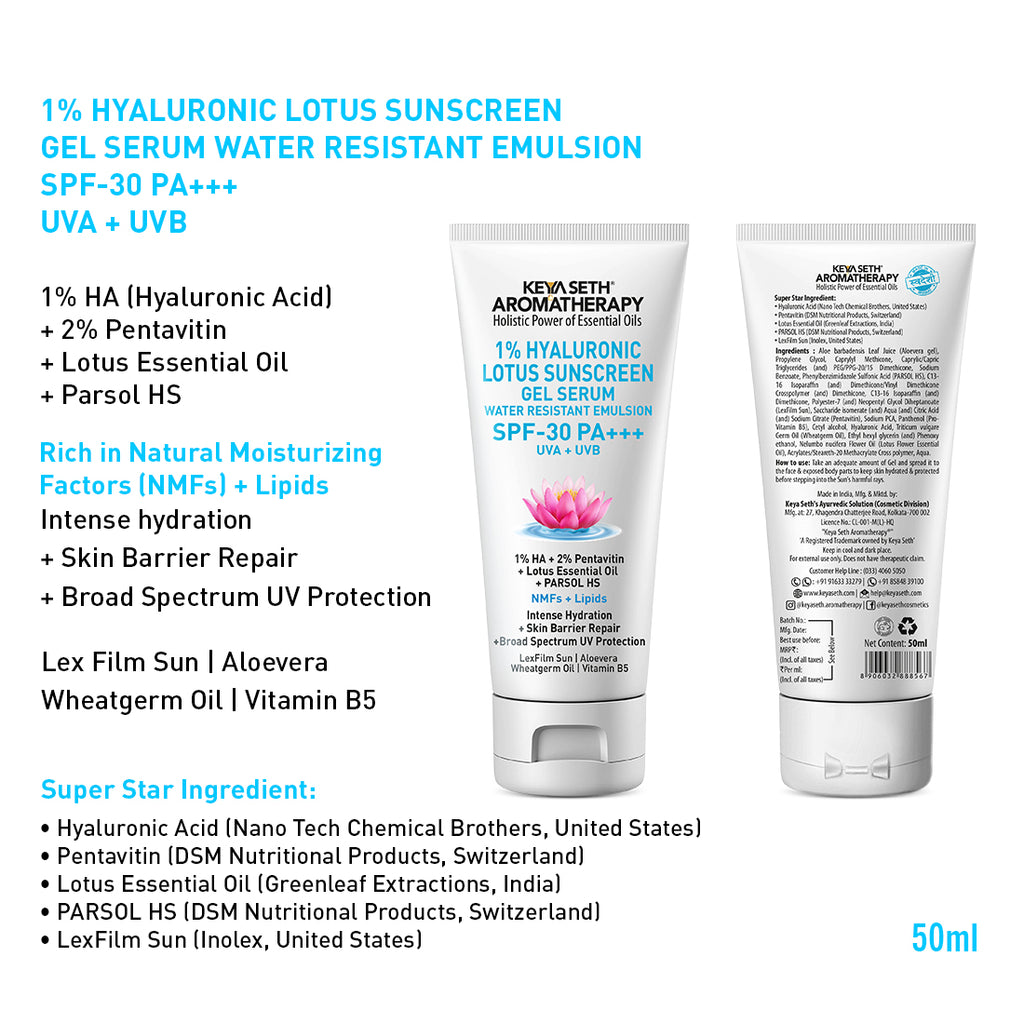 1% Hyaluronic Lotus Sunscreen GEL Serum, SPF 30 UVA + UVB ,2% Pentavitin + Parsol HS, NMFs + Lipids, Water Resistant + Skin Barrier Repair