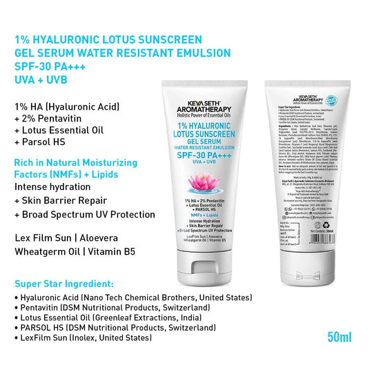 1% Hyaluronic Lotus Sunscreen Aqua GEL Serum, SPF 30 UVA + UVB ,2% Pentavitin + Parsol HS, NMFs + Lipids, Water Resistant + Skin Barrier Repair