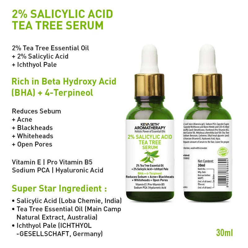 Complete Acne Solution Kit: 2% Salicylic Acid Tea Tree Oil Facewash & Serum with BHA, Terpineol, Ichthyol Pale, Hyaluronic Acid, and Vitamin E for Acne, Pores, and Blemish Control