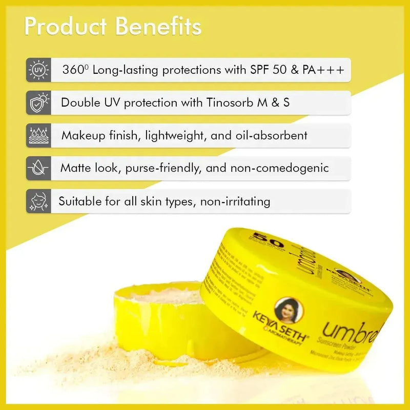 Umbrella Sunscreen Powder SPF 50 with PA+++ UV Protection, Sweat Resistant Formula, Micronized Zinc Oxide for Oily Skin