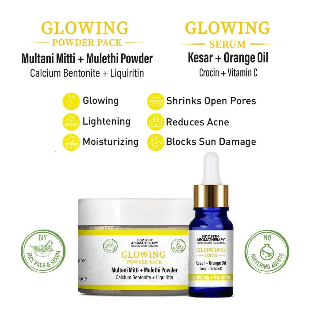 Glowing Powder Pack  & Serum Facial Kit, Multani Mulethi, Kesar & Orange Oil, Open Pores,Lightening,Acne, Hydration