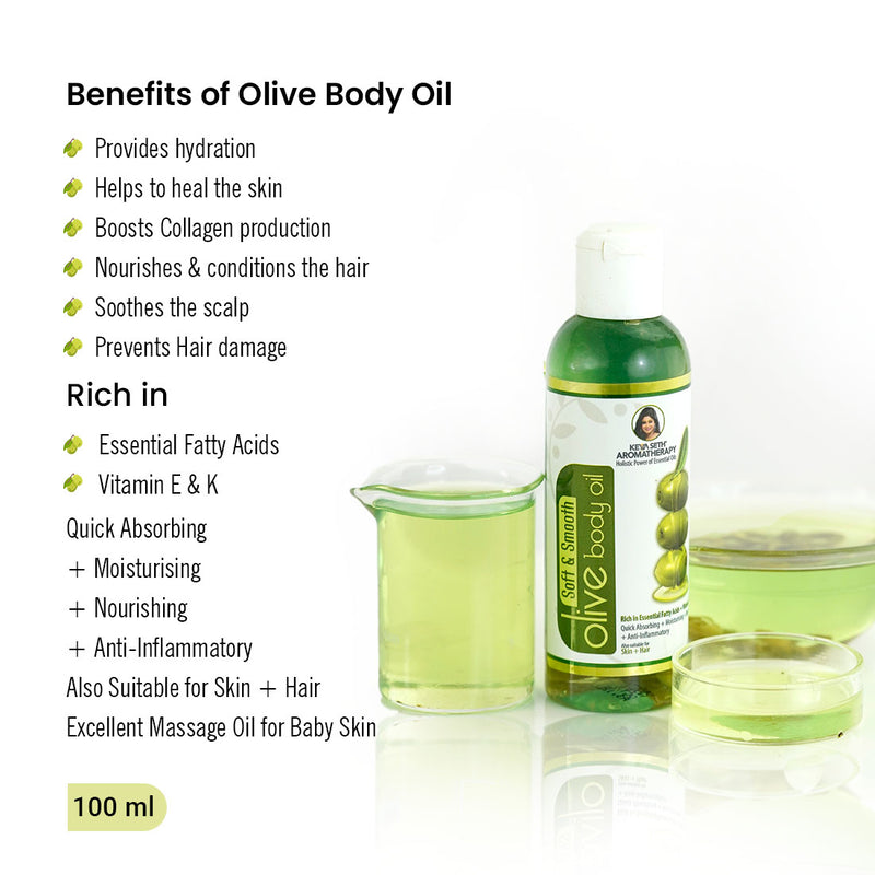 Olive Body Oil, Quick Absorbing Non-Sticky Nourishment I Hair & Skin, Daily Use After Bath Massage Oil I Pure Olive & Essential Oils Enriched - Keya Seth Aromatherapy