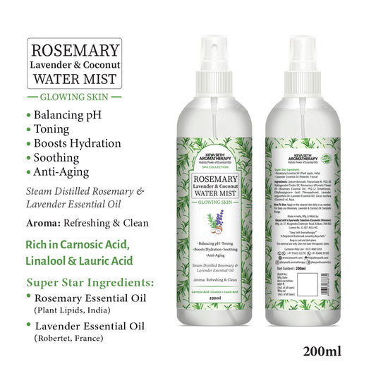 Rosemary Lavender Coconut Water Mist Spray Face Toner, Glowing Skin Hydration Soothing Anti Aging, Distilled Essential Oil