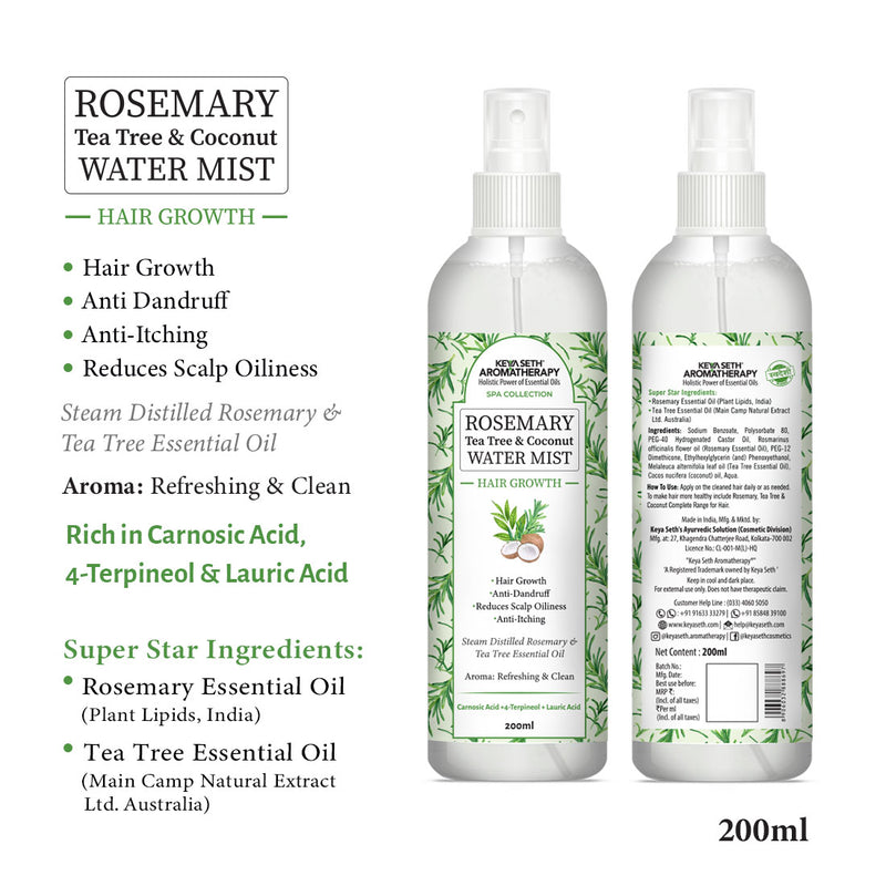 Rosemary Tea Tree Coconut Water Mist Spray,Hair Growth,Reduces Dandruff Scalp Itching & Oiliness,Steam Distilled Essential Oil