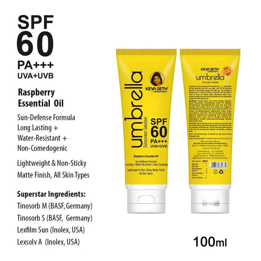 अम्ब्रेला सनस्क्रीन सॉल्यूशन SPF 60, ब्रॉड स्पेक्ट्रम प्रोटेक्शन, कोई सफ़ेद कास्ट नहीं, रास्पबेरी ऑयल 100ml के साथ हल्के मैट फ़िनिश 