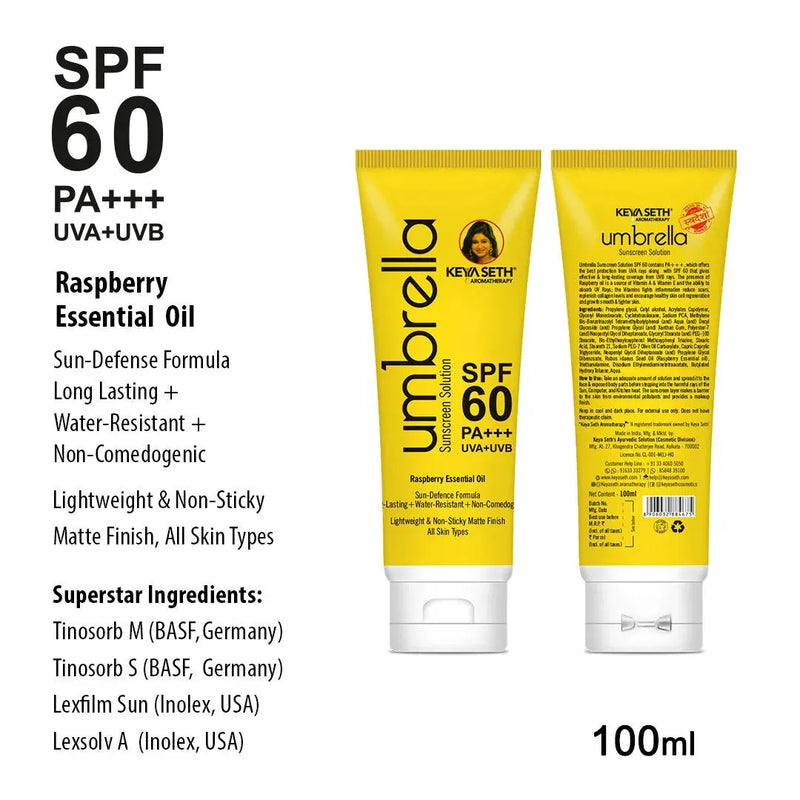 Umbrella Sunscreen Solution SPF 60, Broad Spectrum Protection, No White Cast, Lightweight Matte Finish with Raspberry Oil 100ml