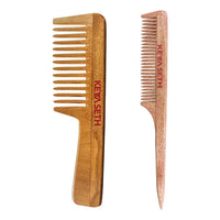 Handmade Neem Wooden Comb for Women: Detangling, Anti-Static, Promotes Hair Growth, Control Frizz, Perfect for Hair Partition, Suitable for All Hair Types Wide Tooth with Handle & Tail Comb Combo - Keya Seth Aromatherapy