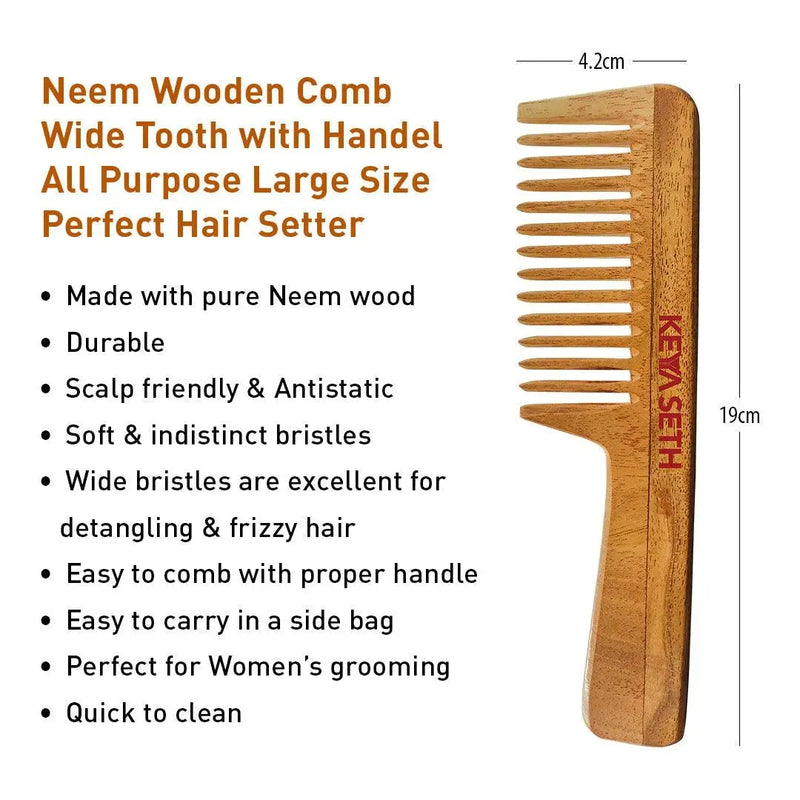 Handmade Neem Wooden Comb for Women: Detangling, Anti-Static, Promotes Hair Growth, Control Frizz, Perfect for Hair Partition, Suitable for All Hair Types Wide Tooth with Handle & Tail Comb Combo - Keya Seth Aromatherapy