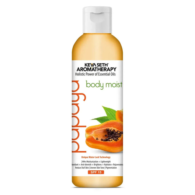 Papaya Body Moist with SPF 15 24hrs Moisturization Lock Papaya Extract Enriched, Brightening, Glowing & Anti Blemish - Removes Pigmentation & Dull Skin 200ml, Body Care, Keya Seth Aromatherapy