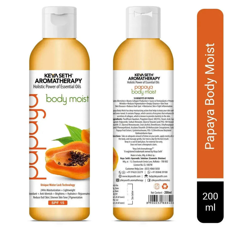 Papaya Body Moist with SPF 15 24hrs Moisturization Lock Papaya Extract Enriched, Brightening, Glowing & Anti Blemish - Removes Pigmentation & Dull Skin 200ml - Keya Seth Aromatherapy