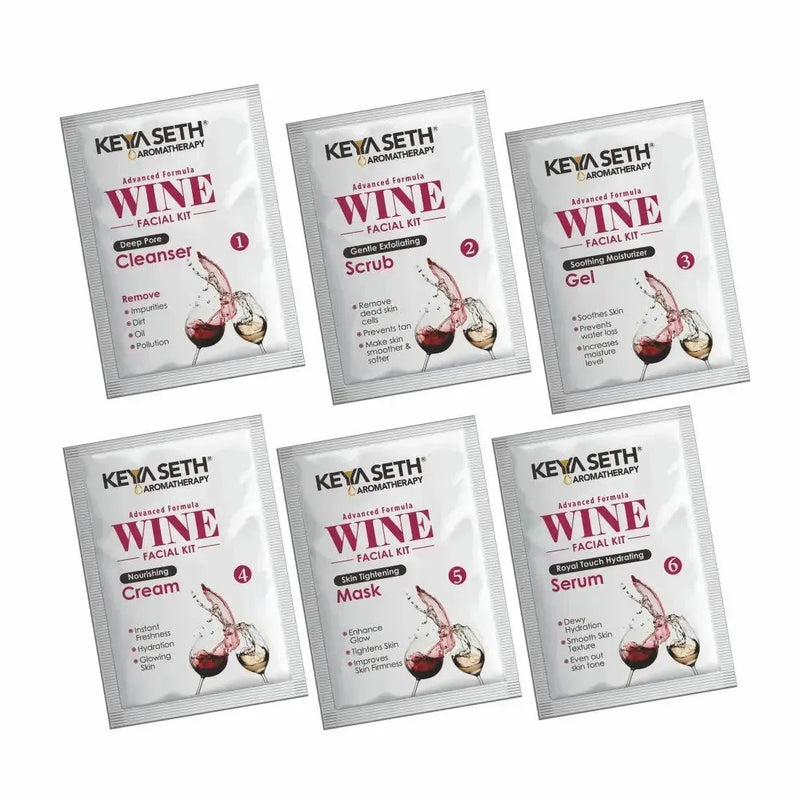 Wine Facial Kit 6 Steps Enriched with Red Grape Seed Extract for Instant Glowing, Blemish-free Even Complexion Increase Elasticity & Blood Circulation, Facial Kit, Skin Care, Keya Seth Aromatherapy